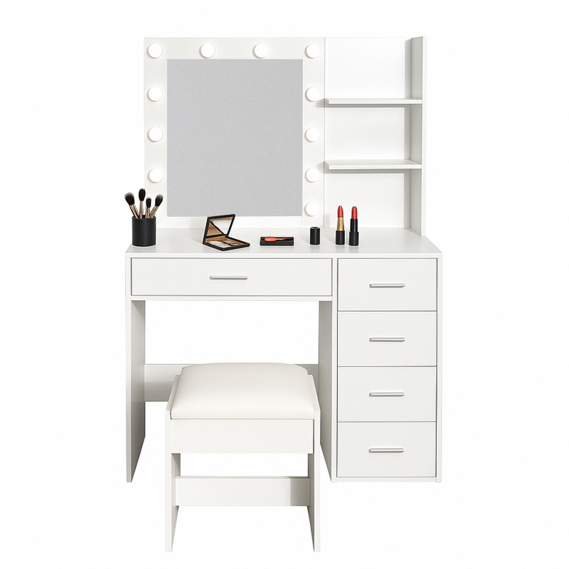 Тоалетка Aga с огледало и осветление + табуретка Бял