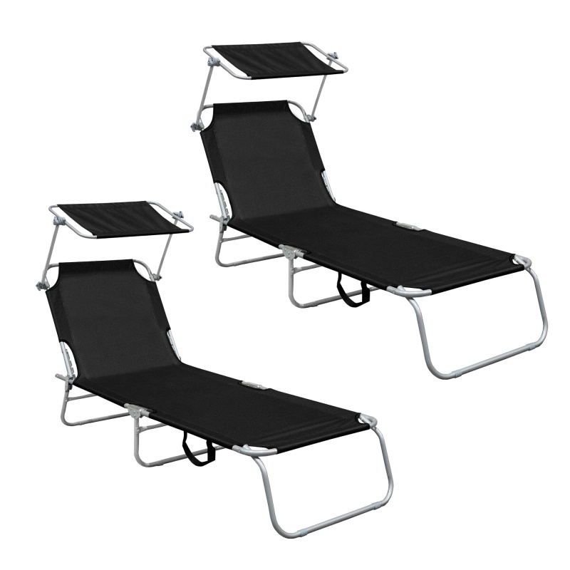 Aga 2x Градински регулируем шезлонг с навес Черен