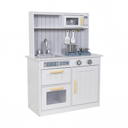 Aga4Kids Детска дървена кухня Grannie с микровълнова фурна, мивка и килер Бяло-сиво