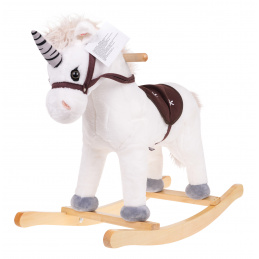 Люлеещо се конче еднорог за деца 24m+ Бяло + звуци + дървена дръжка + удобна седалка + дървени релси