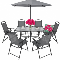 Комплект градински мебели - 6 сгъваеми стола, маса, чадър