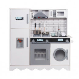 Aga4Kids Детска дървена кухня Hedwig XXL с абсорбатор, пералня и реалистични ефекти Бяло-сиво