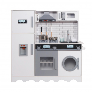 Aga4Kids Детска дървена кухня Hedwig XXL с абсорбатор, пералня и реалистични ефекти Бяло-сиво