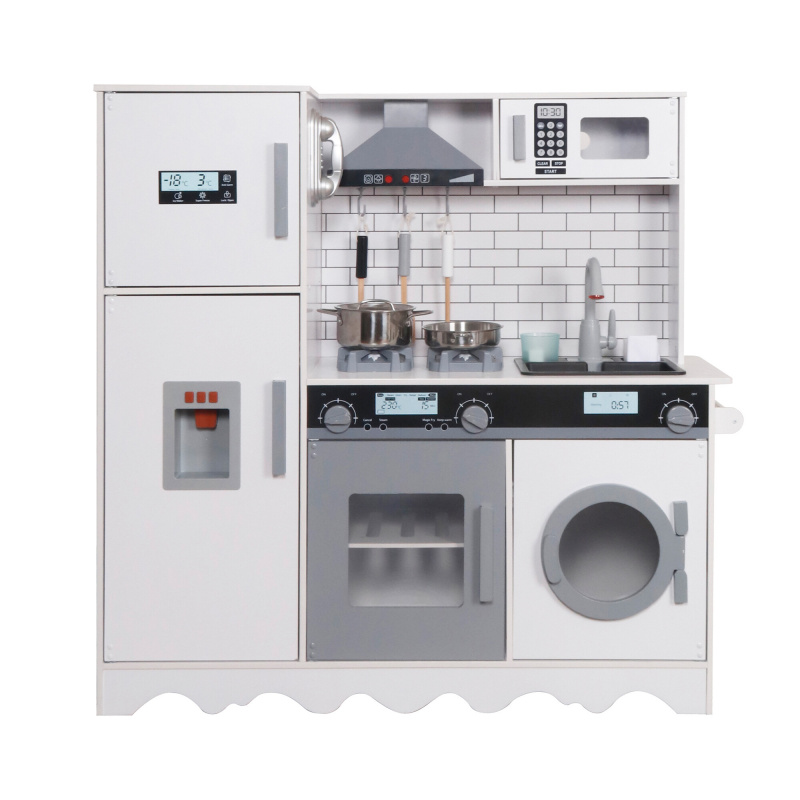 Aga4Kids Детска дървена кухня Hedwig XXL с абсорбатор, пералня и реалистични ефекти Бяло-сиво