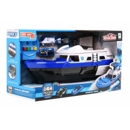 Интерактивна полицейска лодка 2в1 за деца 3+ Пътуващ + 3 превозни средства + светлини звуци