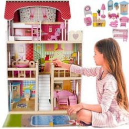 Дървена къщичка за кукли - вила с басейн D11251