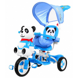 детски триколесен велосипед Panda Blue + звуци + сенник + бариера + поставка за крака + дръжка + релси + място за съхранение